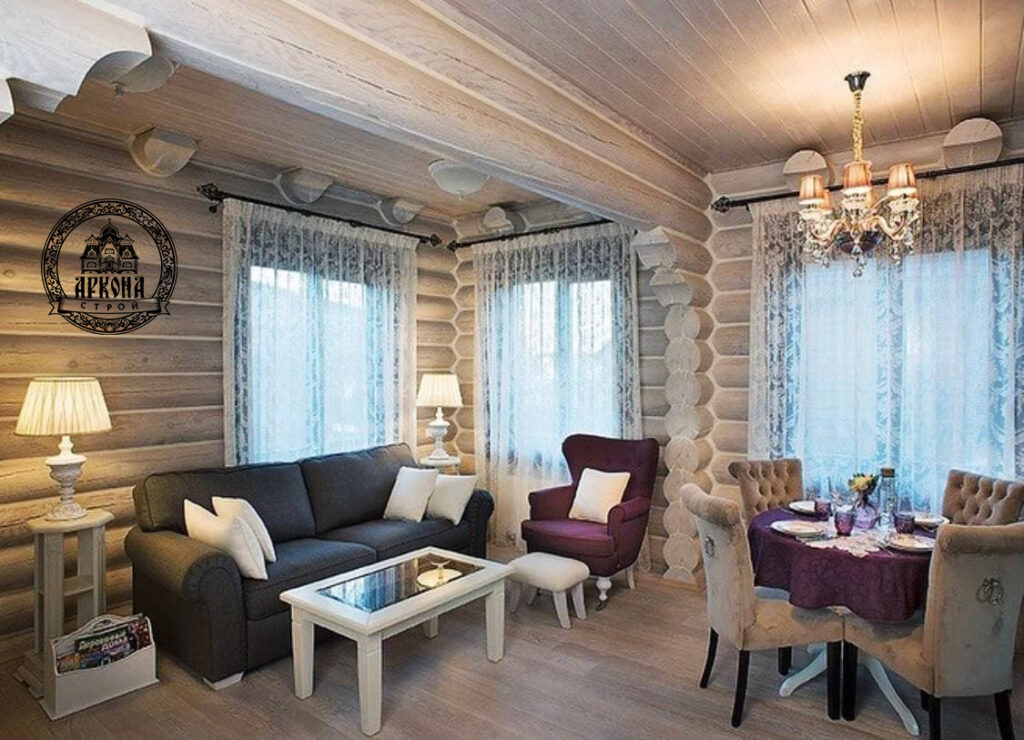Гостиная комната с мебелью в деревянном загородном частном доме